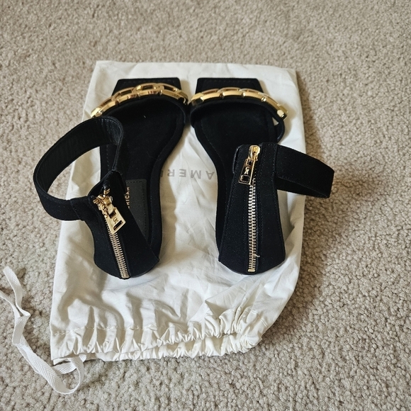 Good American Ankle Strap Suede Sandals Black Zip Gold Chain Link Size 8.5 - Picture 4 of 5